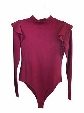 Ruffle Shoulder Long Sleeve Bodysuit - Burgundy